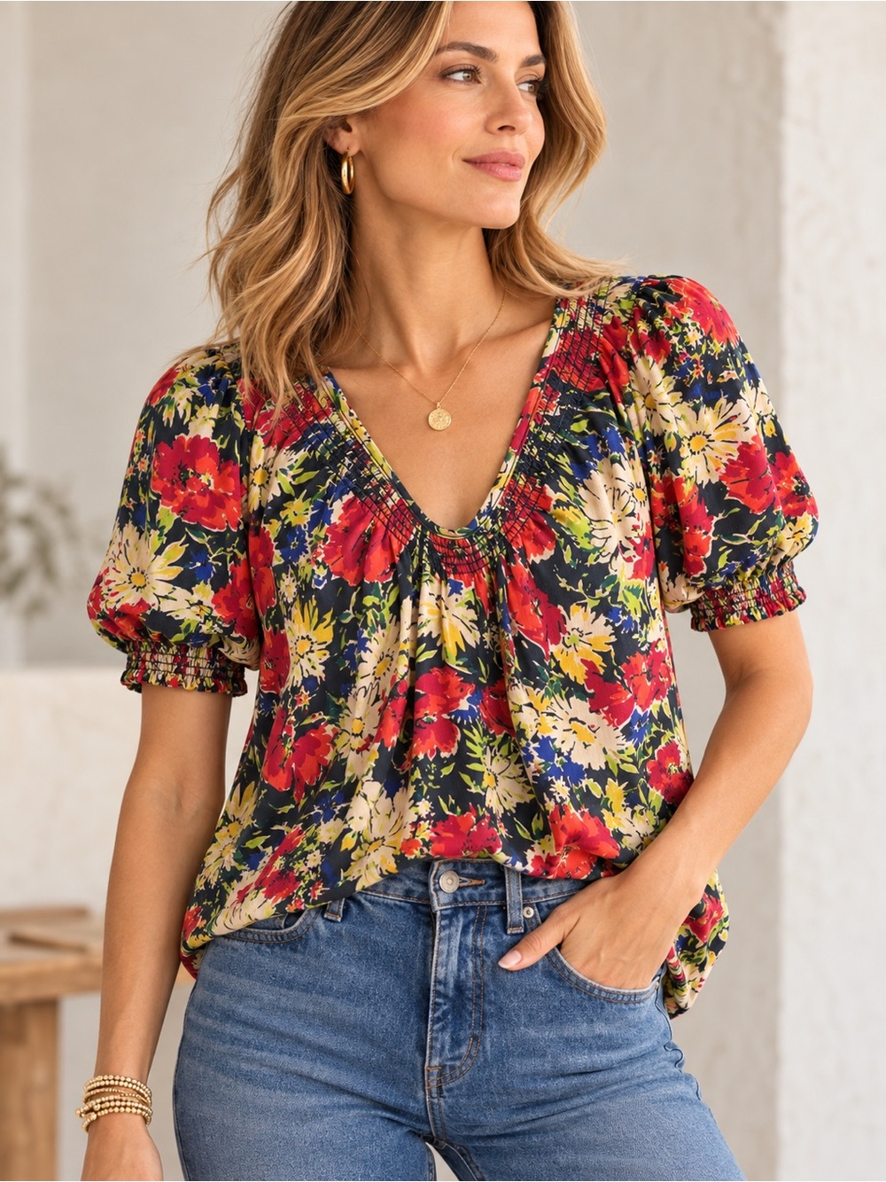 THE GREAT. The Ponder Top Floral Puff Sleeve Smocked Blouse